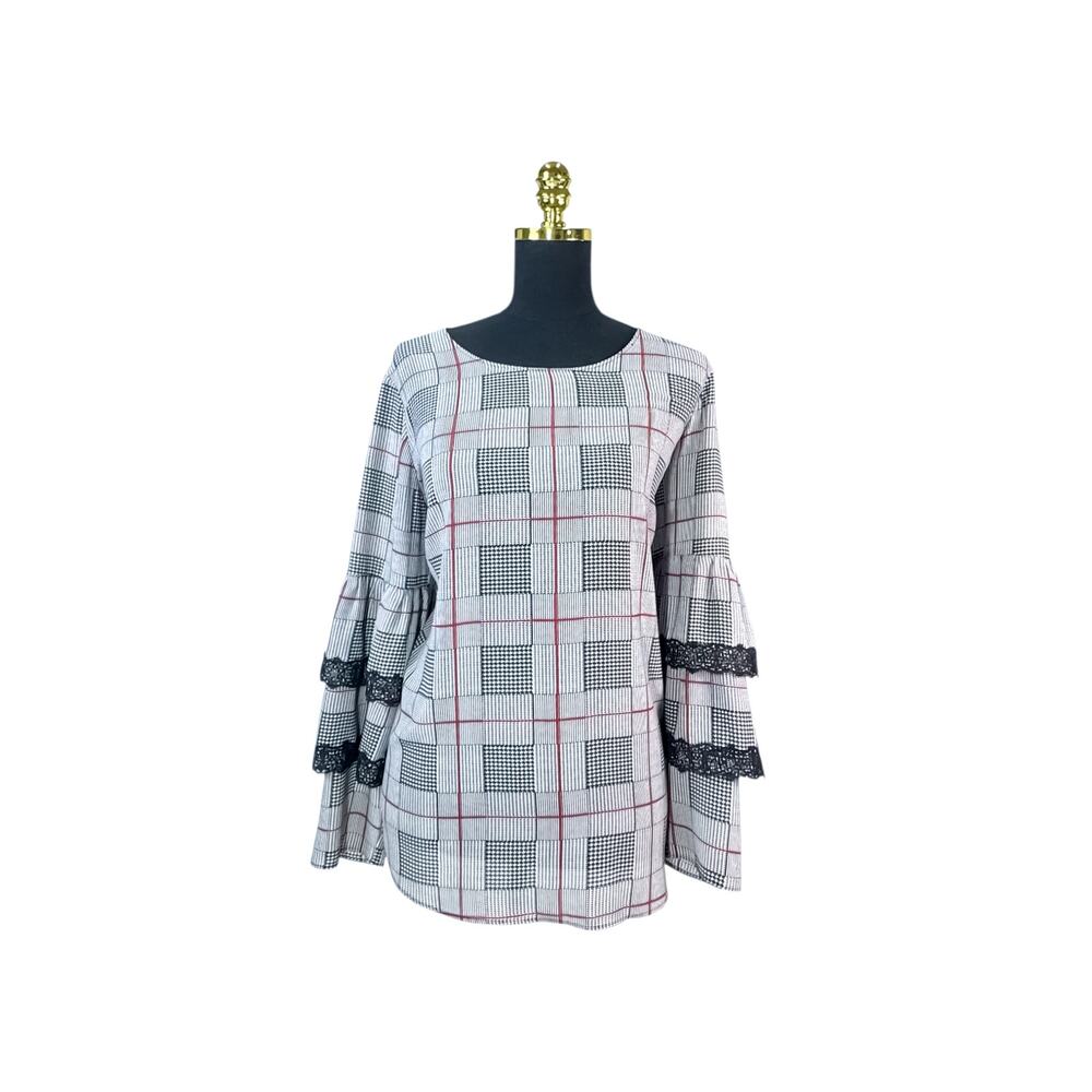Alfani Plaid Ruffle Long Sleeve Blouse Women's Large